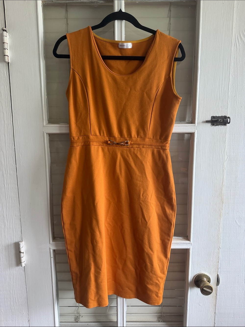 Sleeveless Orange Midi Sheath Dress with Belt Detail